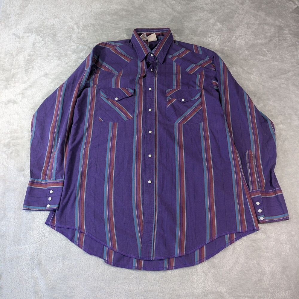 VTG Western Frontier Pearl Snap Shirt Mens Large Purple Striped Made in USA L
